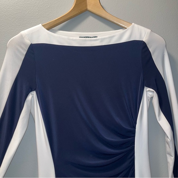 NWT Lauren Ralph Lauren Sz 8
Navy White Sheath Dress Ruched Waist Color Block - Picture 4 of 11